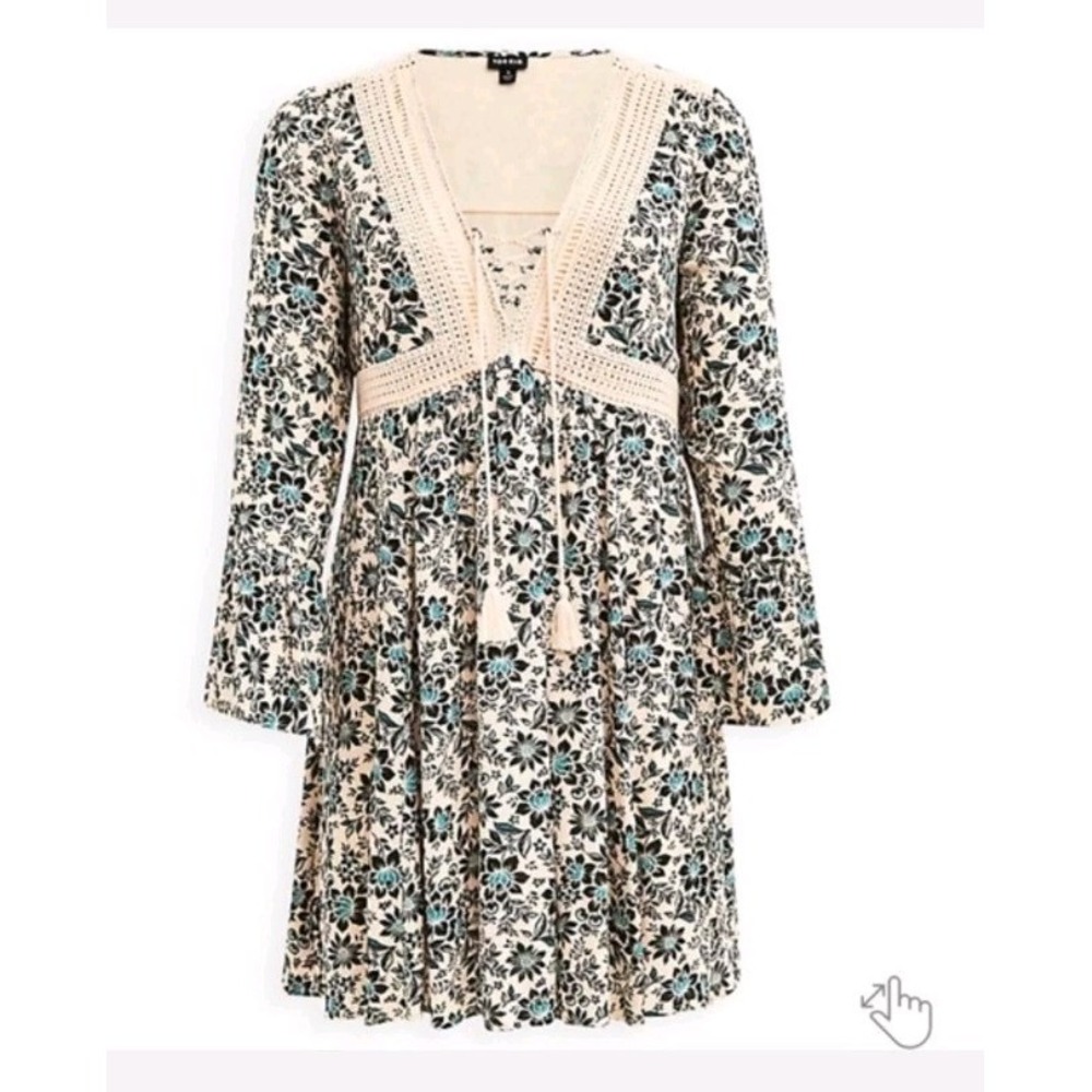 Boho Floral Crochet-Trim Mini Dress Cream Teal Peasant Flowy Long Sleeves 3X